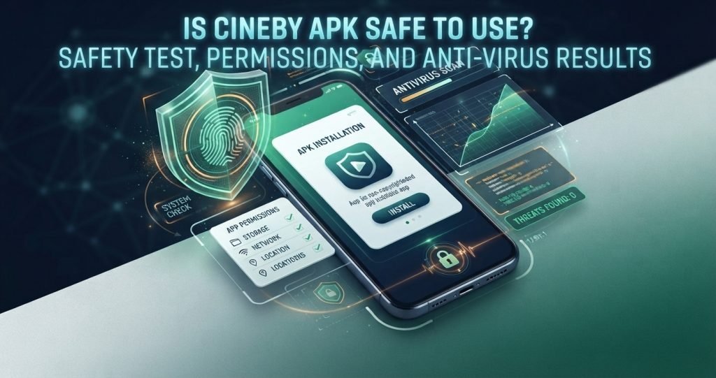 Cineby APK safety review highlighting permissions, security testing, and antivirus scan results.